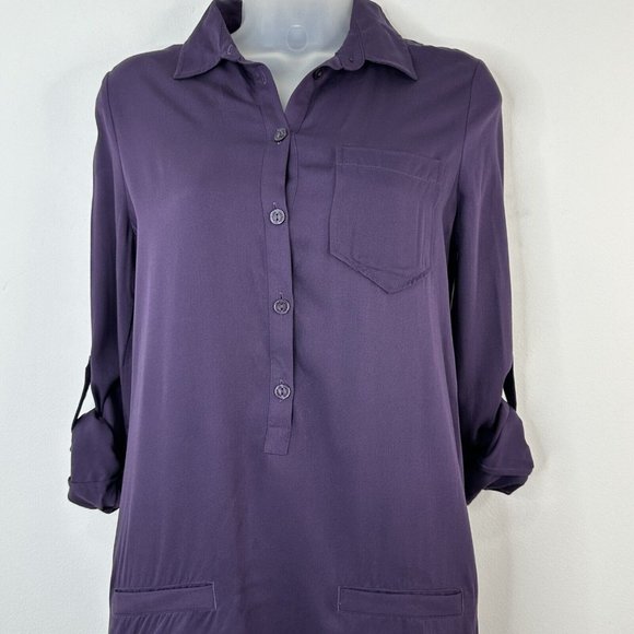 NWT Lacoste Women's Shift Shirt Dress Purple Midi Long Sleeve or Roll Sleeve 2 - Picture 3 of 11